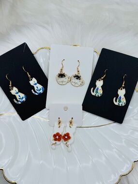 Bundle of Cat Themed Earrings Lot – Coffee Cup, Floral, Blue & White Cats